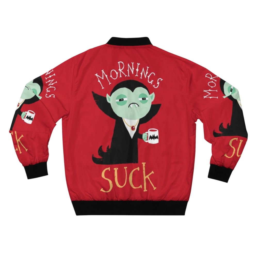 Vampire-themed "Mornings Suck" bomber jacket with a playful, cute design - Back