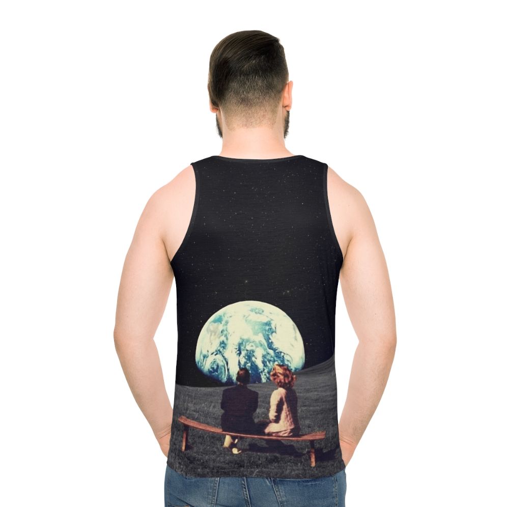 Unisex retrofuture tank top featuring a digital collage of a surreal landscape - men back