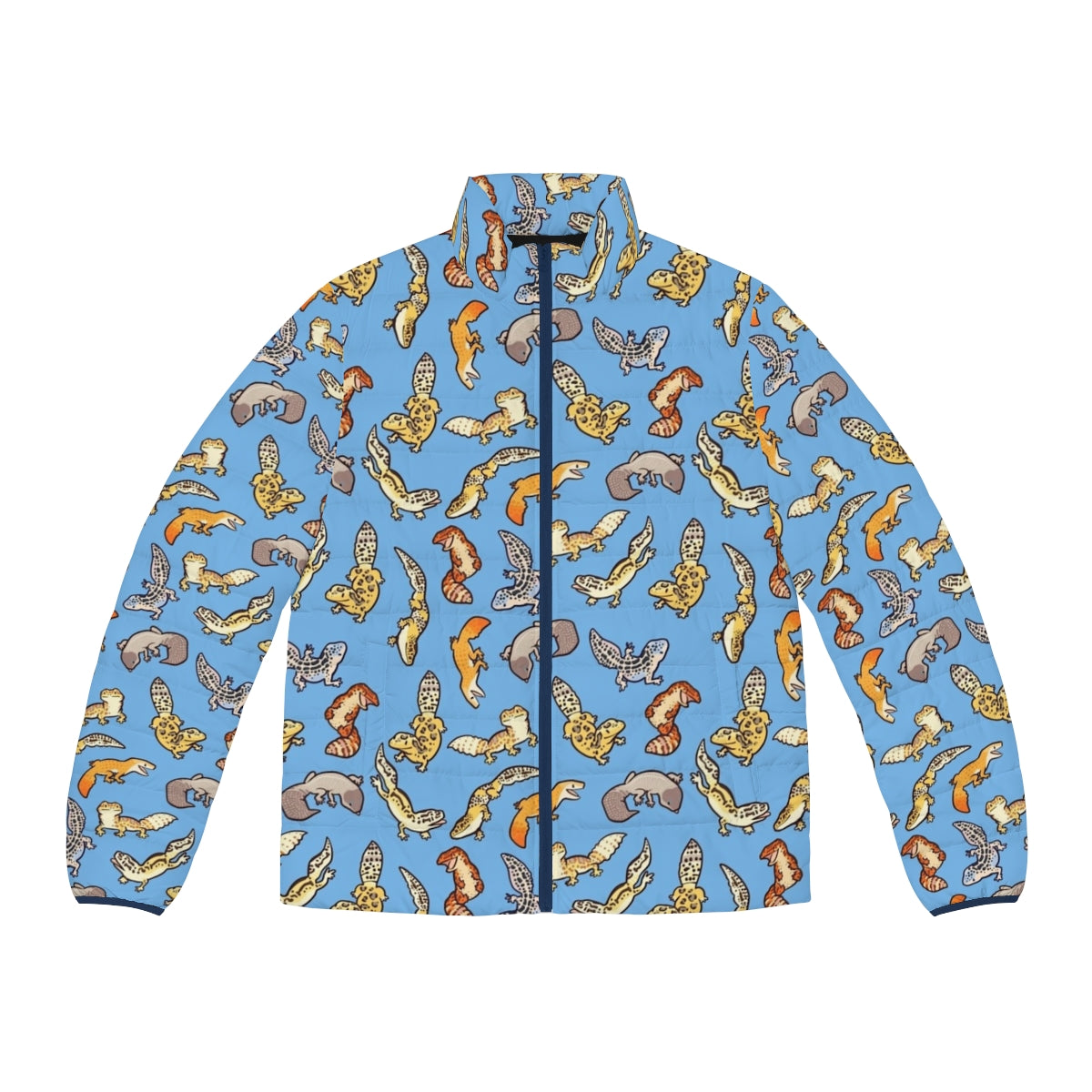 Chub gecko wearing a blue puffer jacket with a vibrant pattern