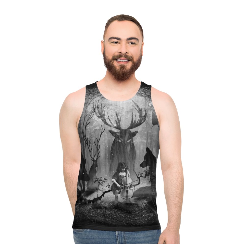 Unisex tank top featuring a forest scene with musical instruments and wild animals - men