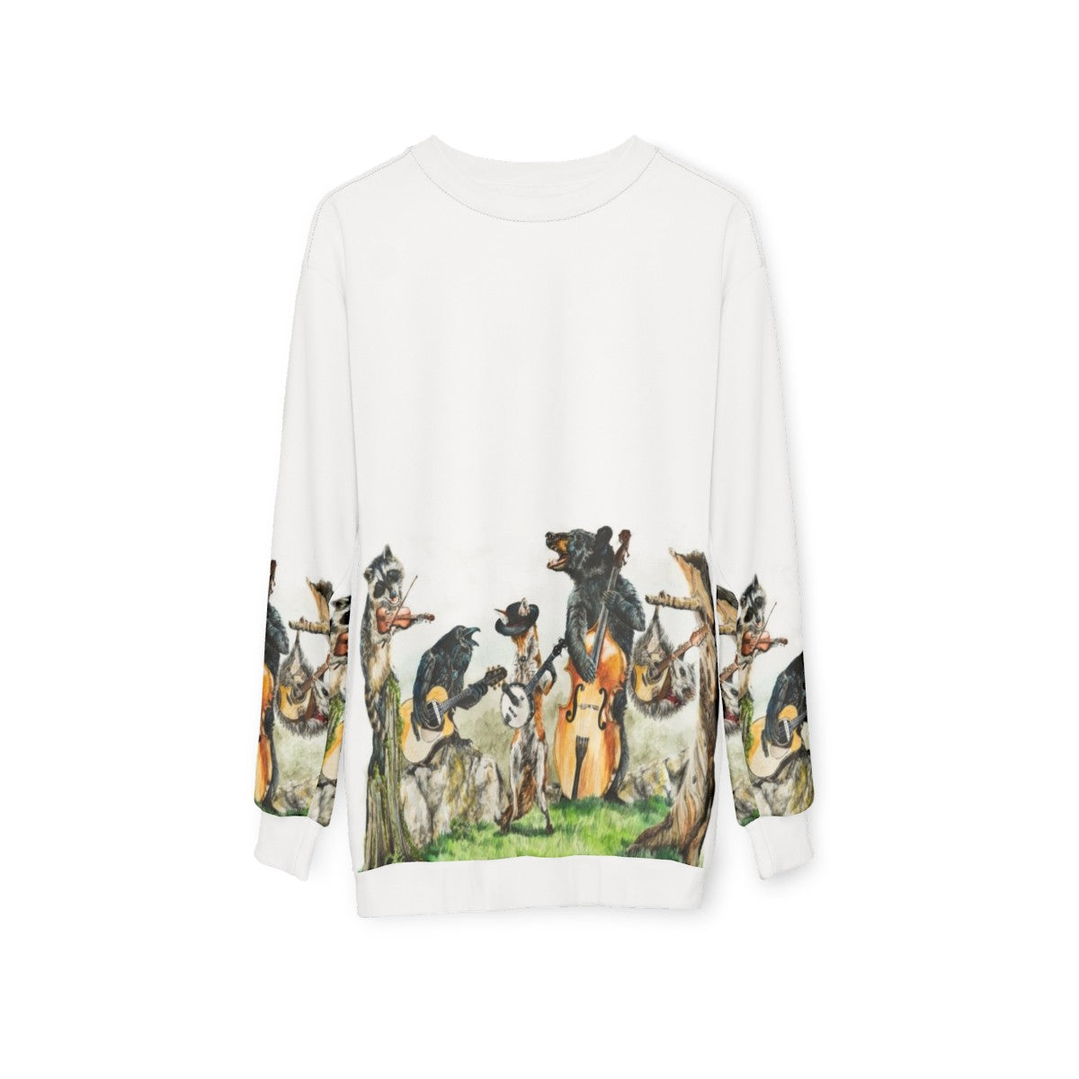 Bluegrass animal music sweatshirt featuring watercolor wildlife art - hanging