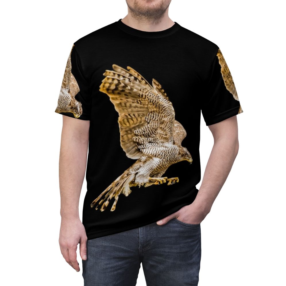 Vibrant illustration of a northern goshawk, a majestic bird of prey, on a high-quality t-shirt. - men front