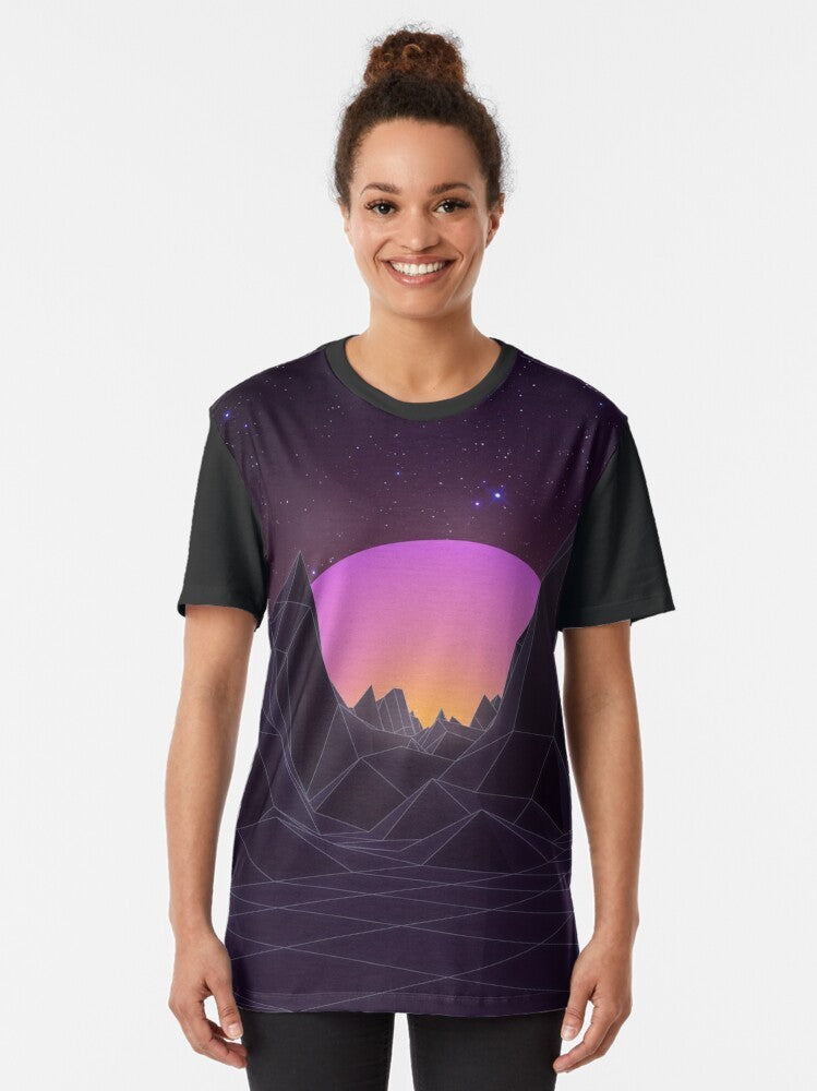 Retro vaporwave 80s graphic t-shirt with aesthetic design of futuristic sunset, waves, and geometric patterns - Women