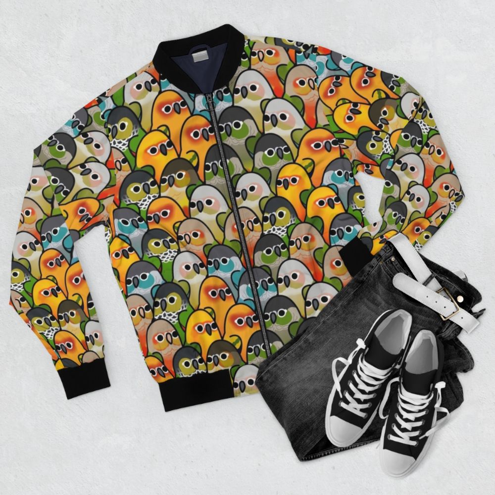 Conure Squad Bomber Jacket with Colorful Bird Designs - Flat lay