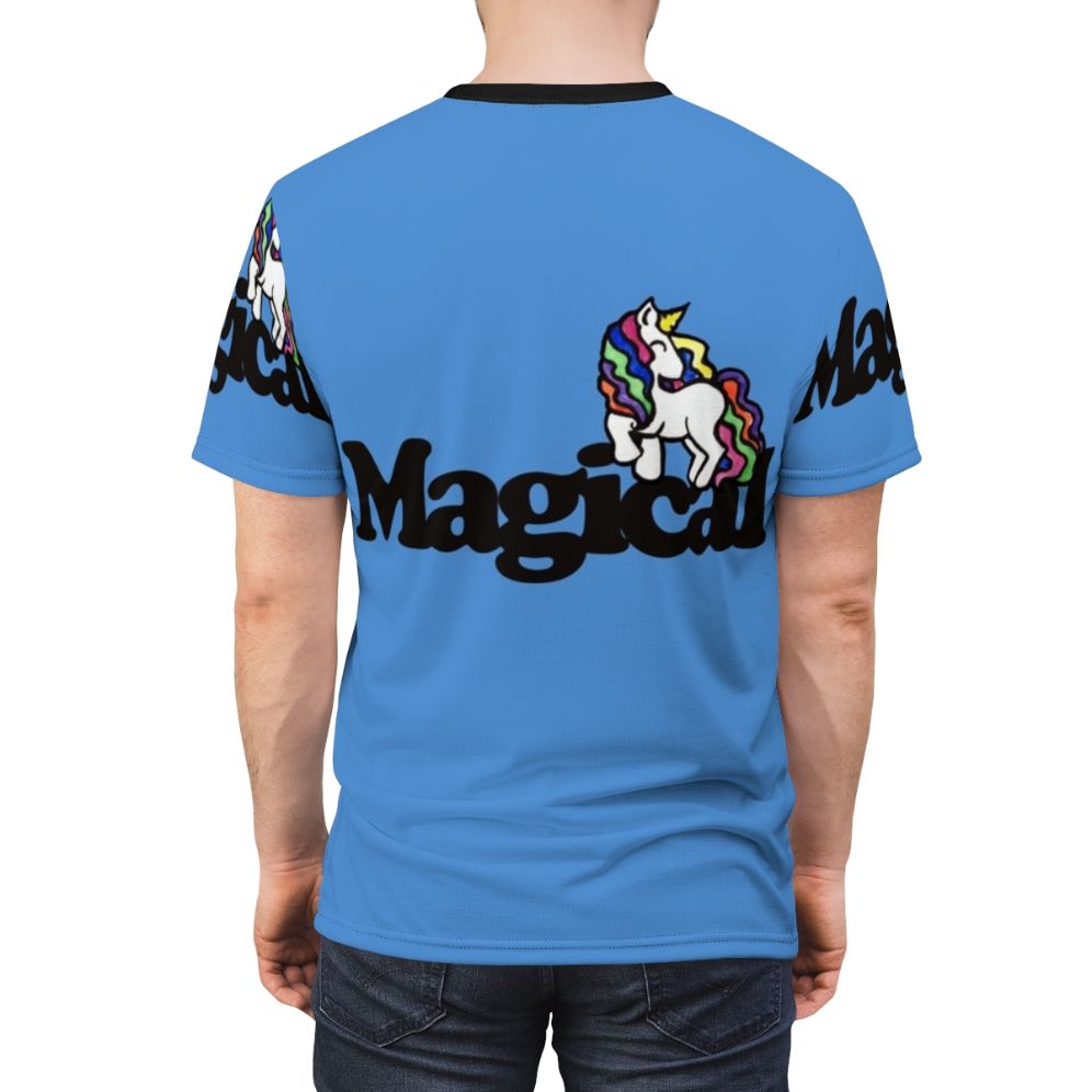 A colorful t-shirt featuring a whimsical and magical unicorn design with vibrant rainbow accents - men back