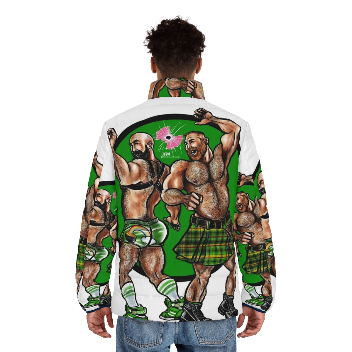 Bearded, muscular bear models wearing a puffer jacket in a fantasy-inspired erotic design - men back