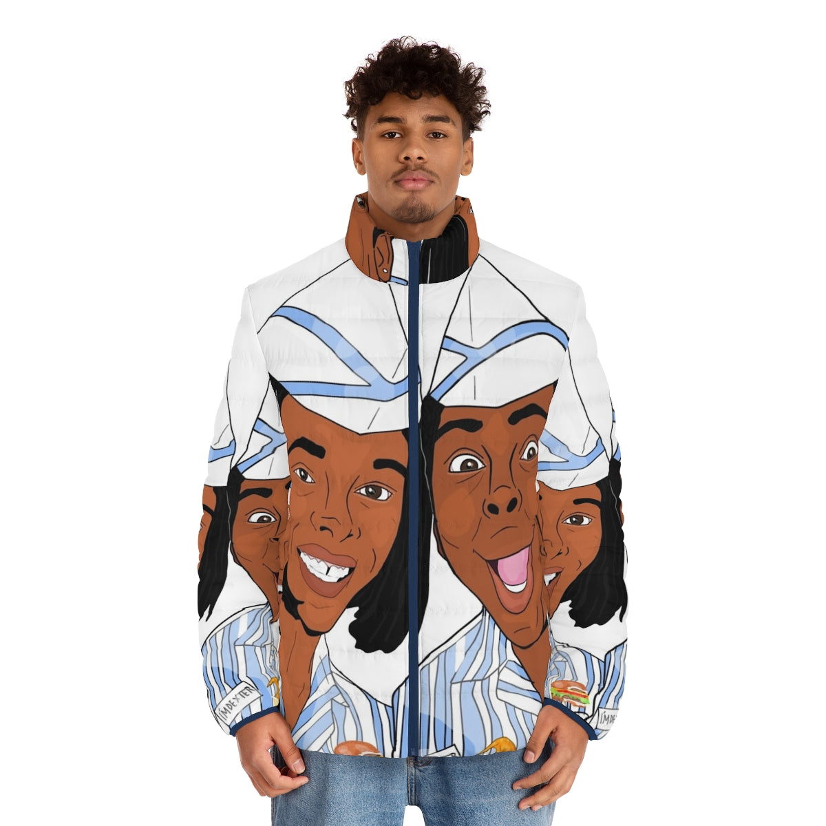 "Good Burger" themed puffer jacket in blue, white, and brown colors - men front