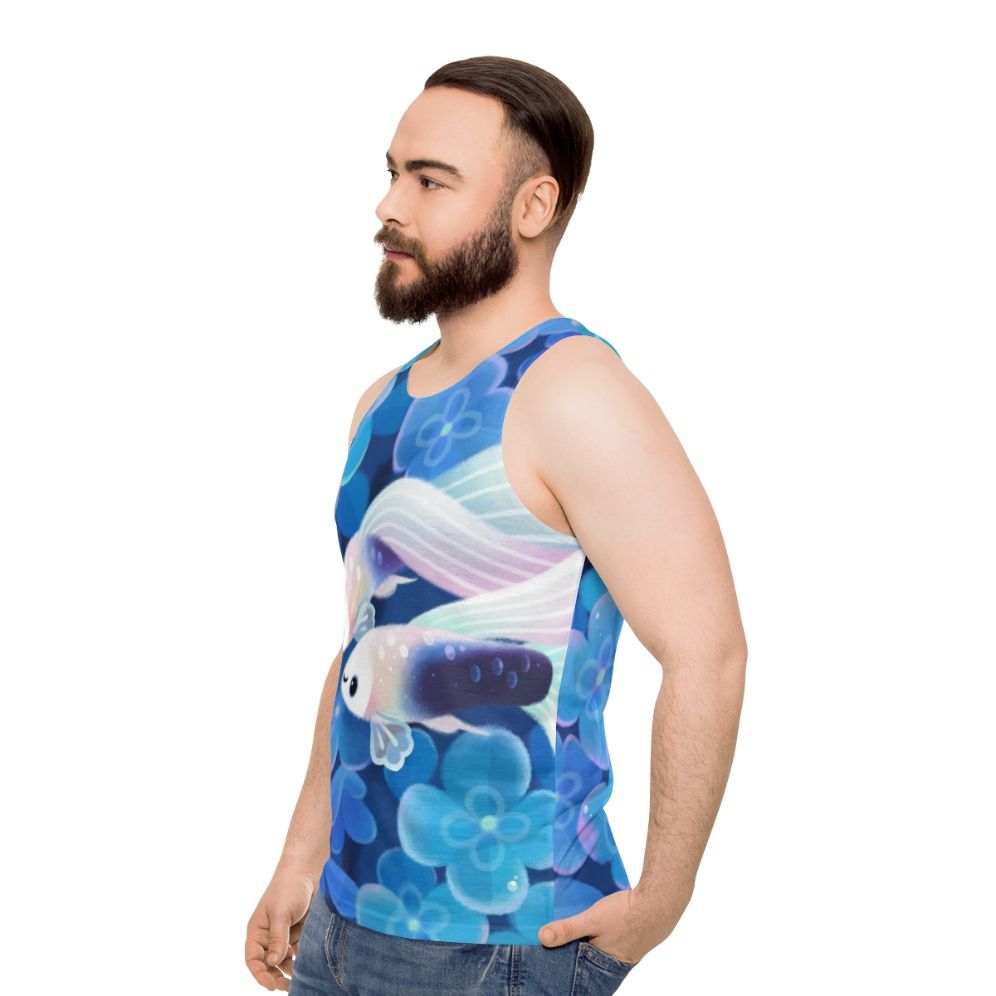 Unisex tuxedo guppy tank top with blue hydrangea floral design - men side