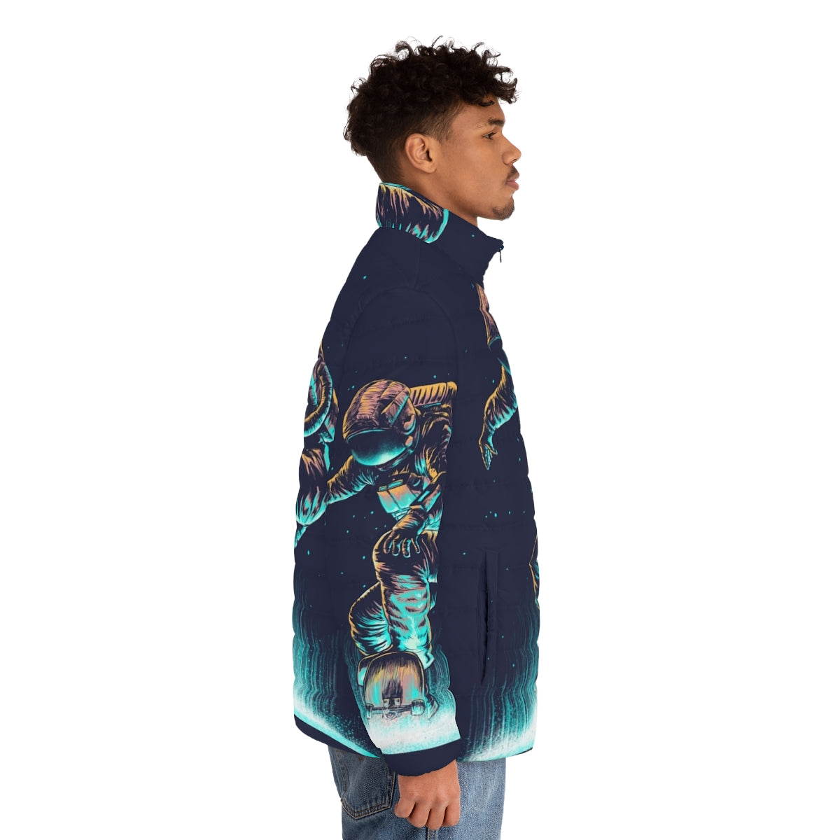 Cosmic Grind Space Puffer Jacket featuring a surreal, neon-lit space-inspired design - men side right