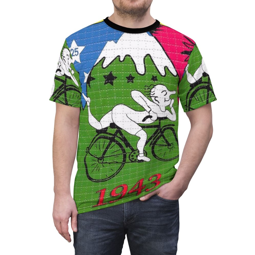 Psychedelic t-shirt design featuring LSD and Bicycle Day imagery - men front