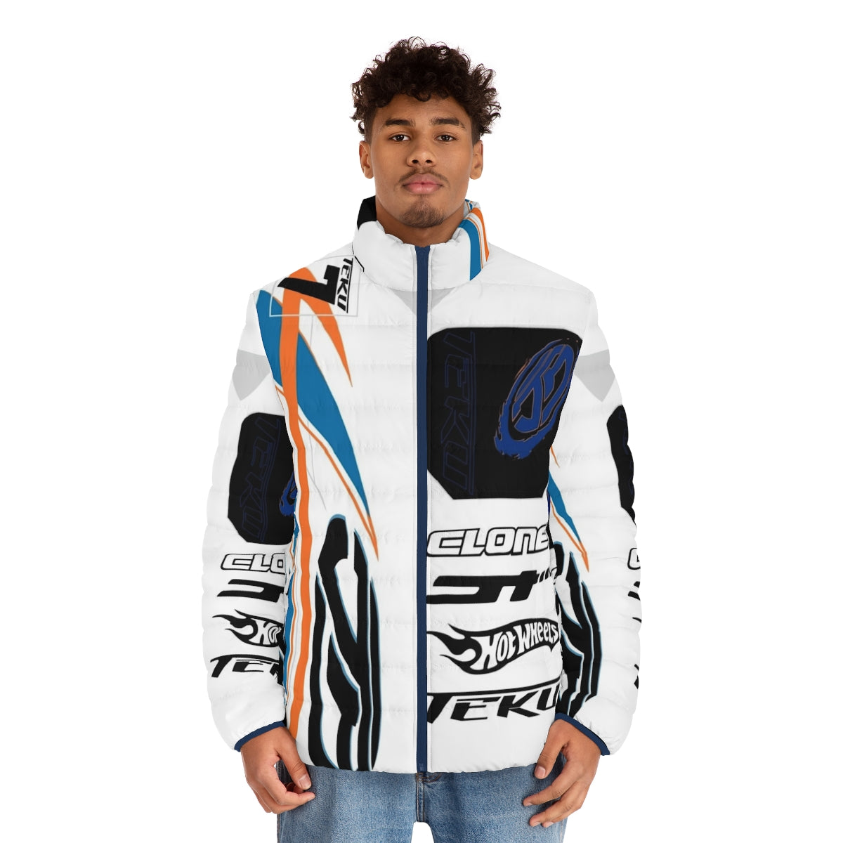 Power Rage Puffer Jacket with Acceleracers and Hot Wheels inspired design - men front