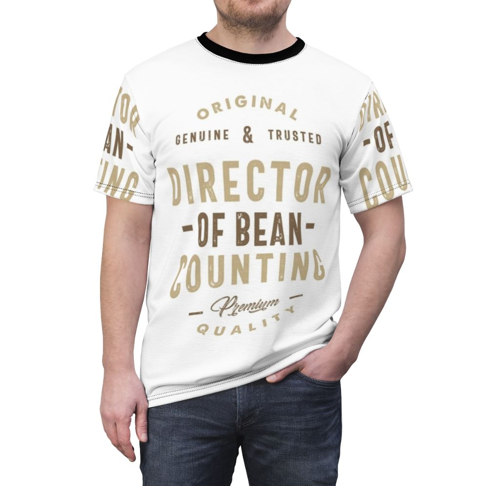 A t-shirt design featuring the text "Director of Bean Counting" in a stylized typography layout. - men front