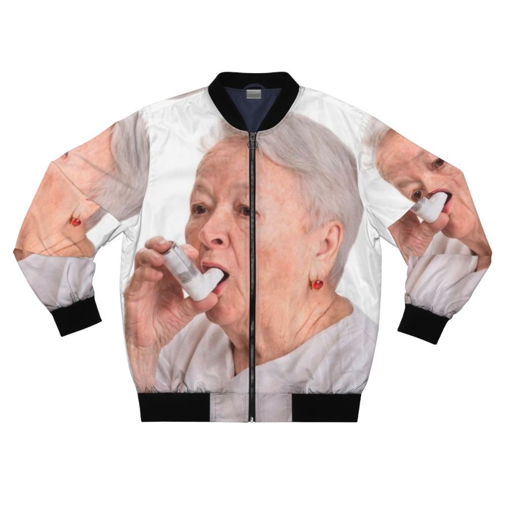 Vintage-style bomber jacket with a print of a retro inhaler device