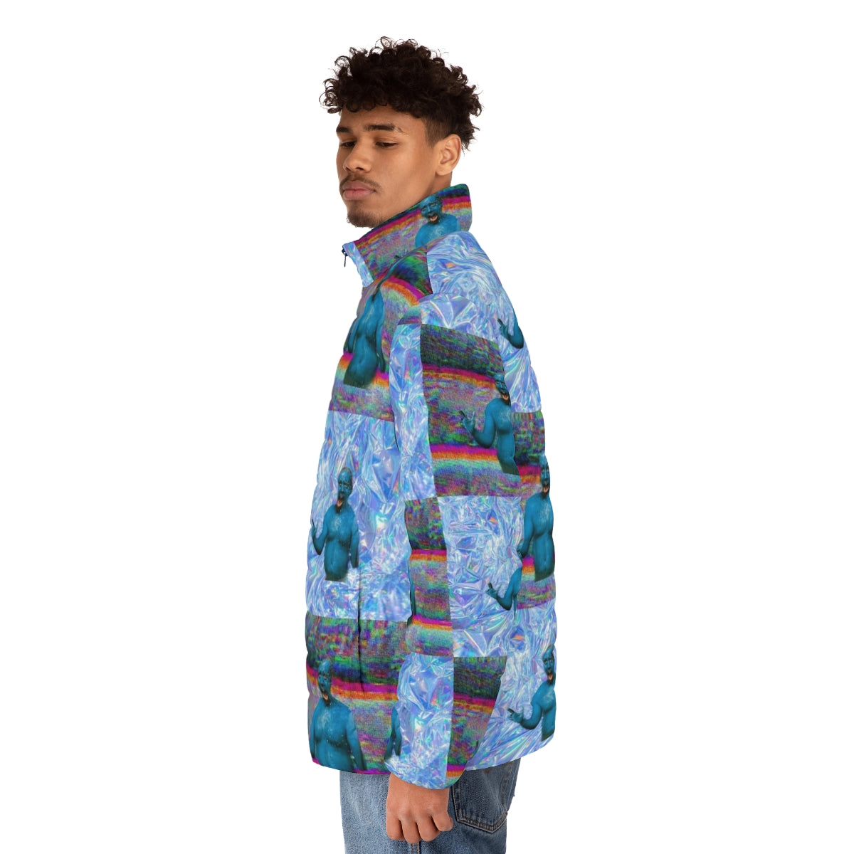 Marty Wolf puffer jacket from the movie "Big Fat Liar" with a vaporwave, glitch, and holographic aesthetic - men side left