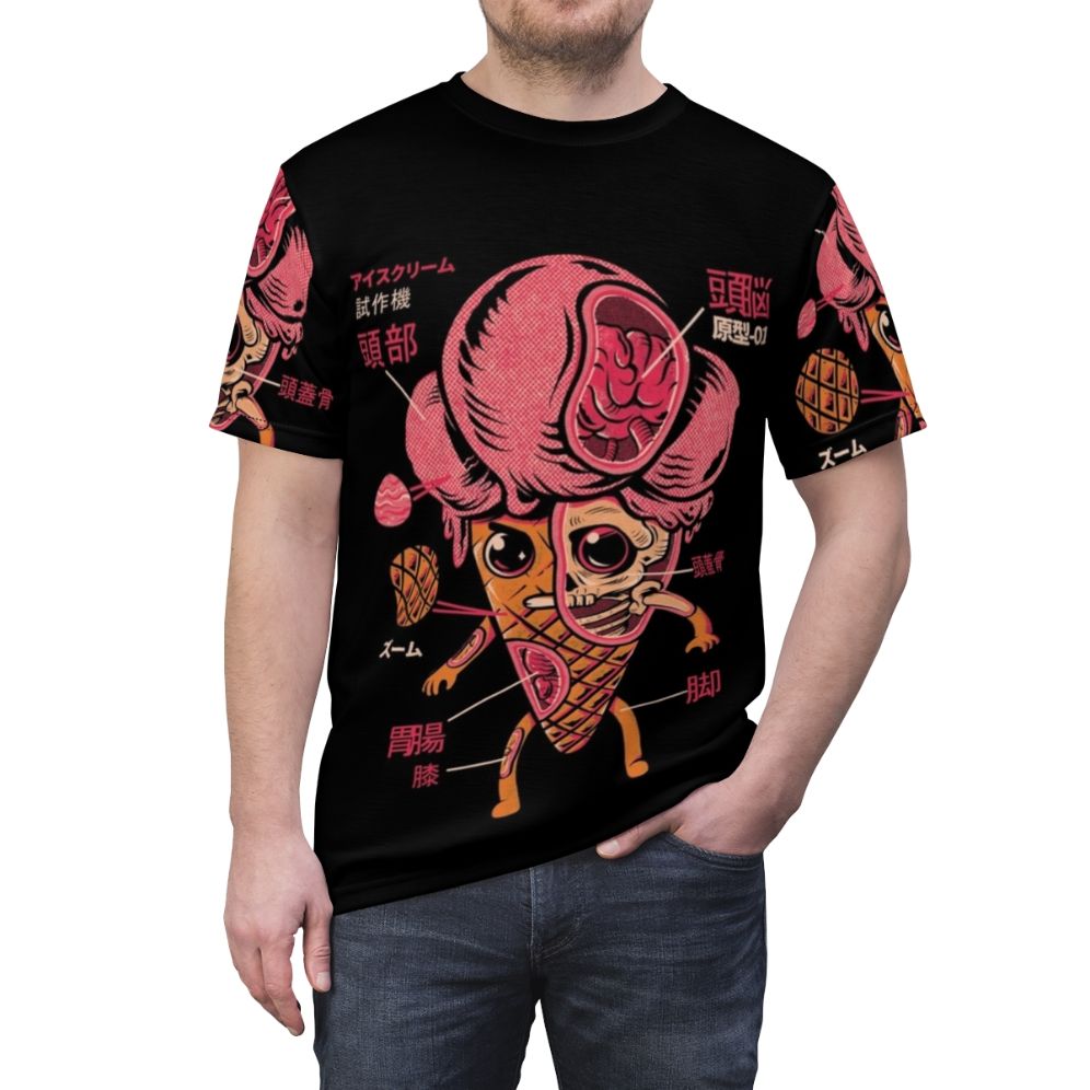 Illustrated image of a cute ice cream kaiju character on a retro-style t-shirt - men front