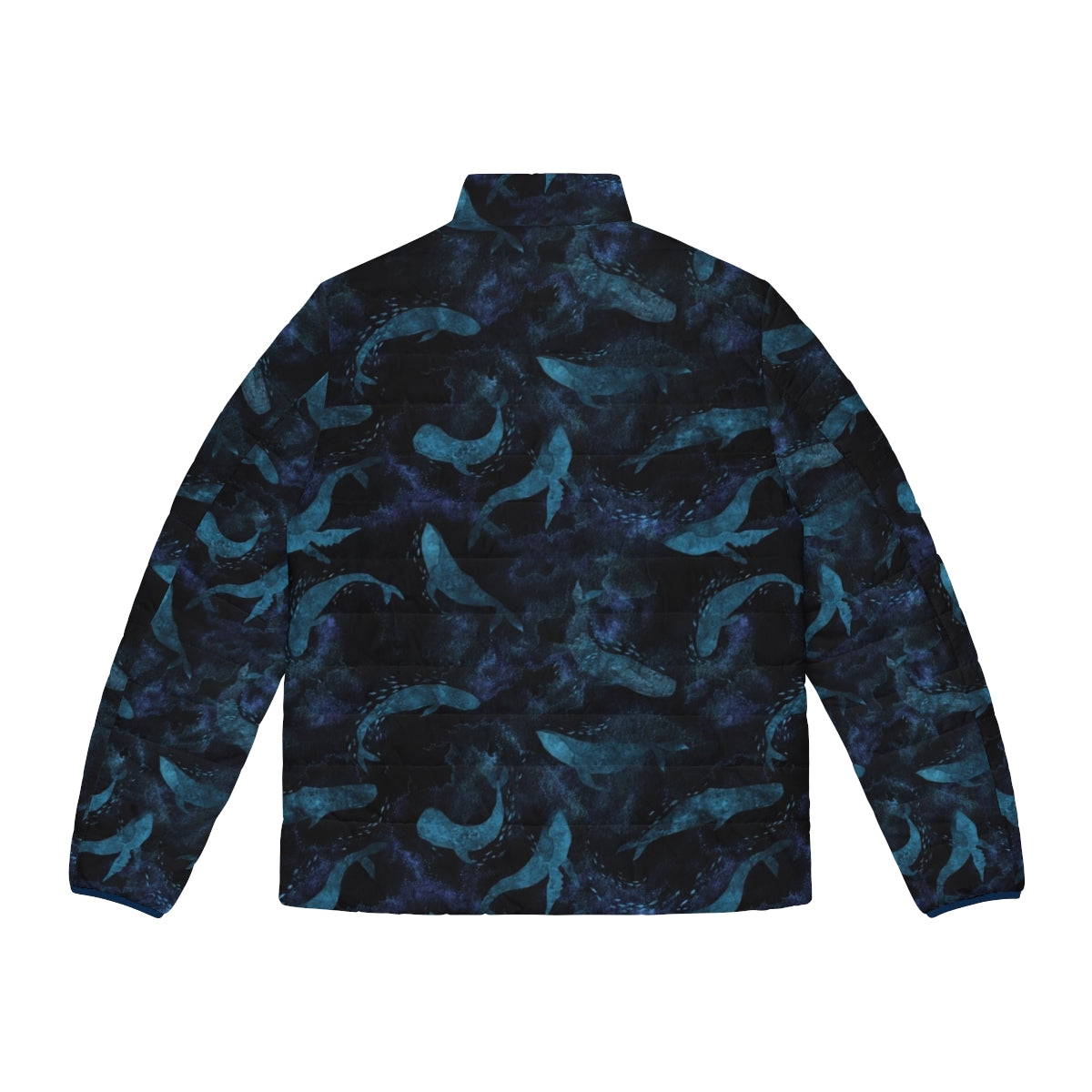 Indigo blue puffer jacket featuring whales and marine life design - Back