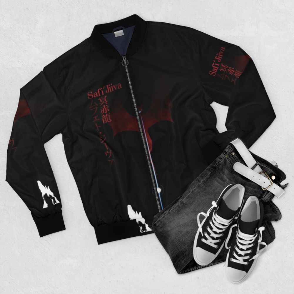 A vibrant bomber jacket featuring the fearsome Elder Dragon Safi'jiiva from the Monster Hunter series. - Flat lay