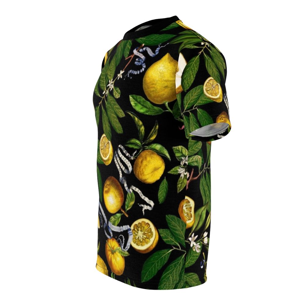 A stylish t-shirt featuring a vibrant lemon tree botanical design with tropical leaves and foliage. - men left