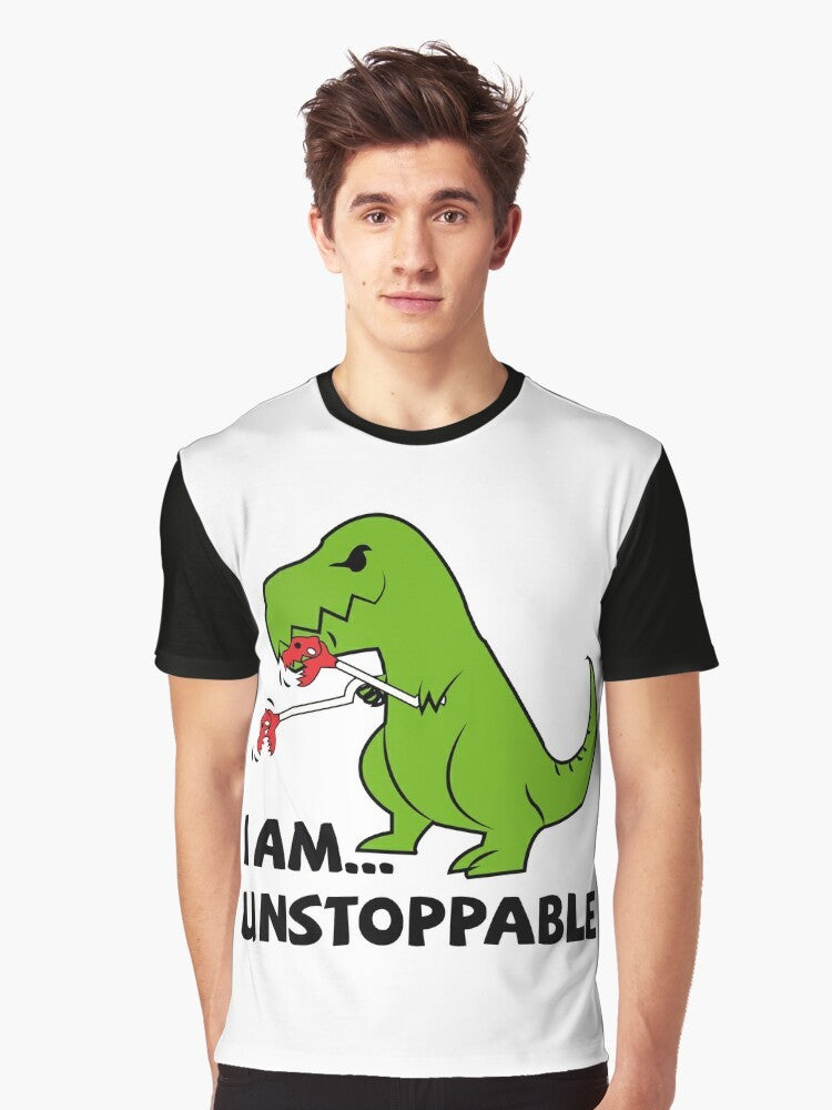 Unstoppable T-Rex Graphic T-Shirt, featuring a dinosaur design with the text "I am unstoppable" - Men