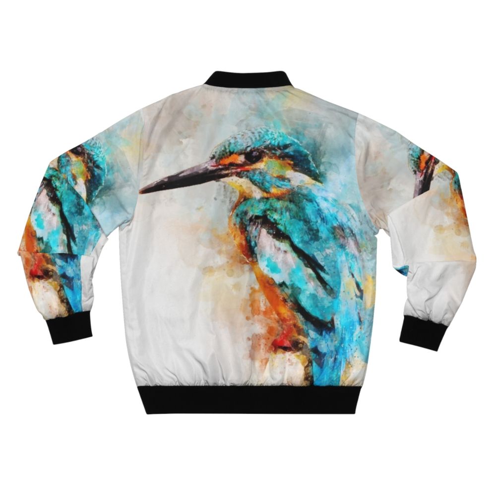 Colorful watercolor painting of a kingfisher bird on a bomber jacket - Back