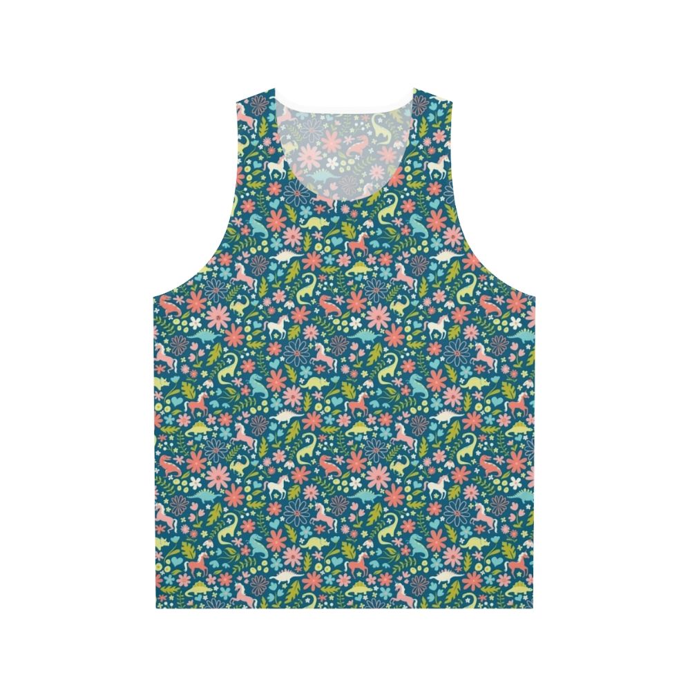 Dinosaur and unicorn unisex tank top with a floral pattern