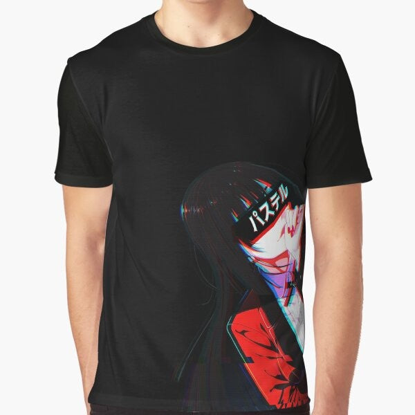 Crimson-colored graphic t-shirt featuring the aesthetic cyberpunk design of the anime series Kakegurui, with the character Yumeko Jabami, a compulsive gambler.