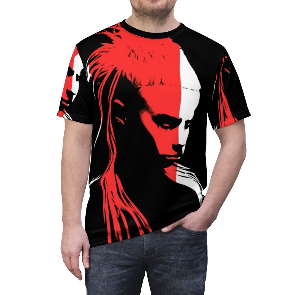 A high-quality, artistic portrait t-shirt featuring the iconic Yolandi Visser of the alternative rap group Die Antwoord. - men front