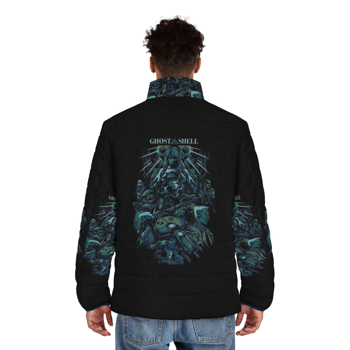 Ghost in the Shell Puffer Jacket featuring characters from the anime series - men back