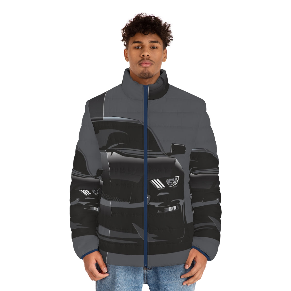 Black puffer jacket with Ford and Mustang inspired design - men front