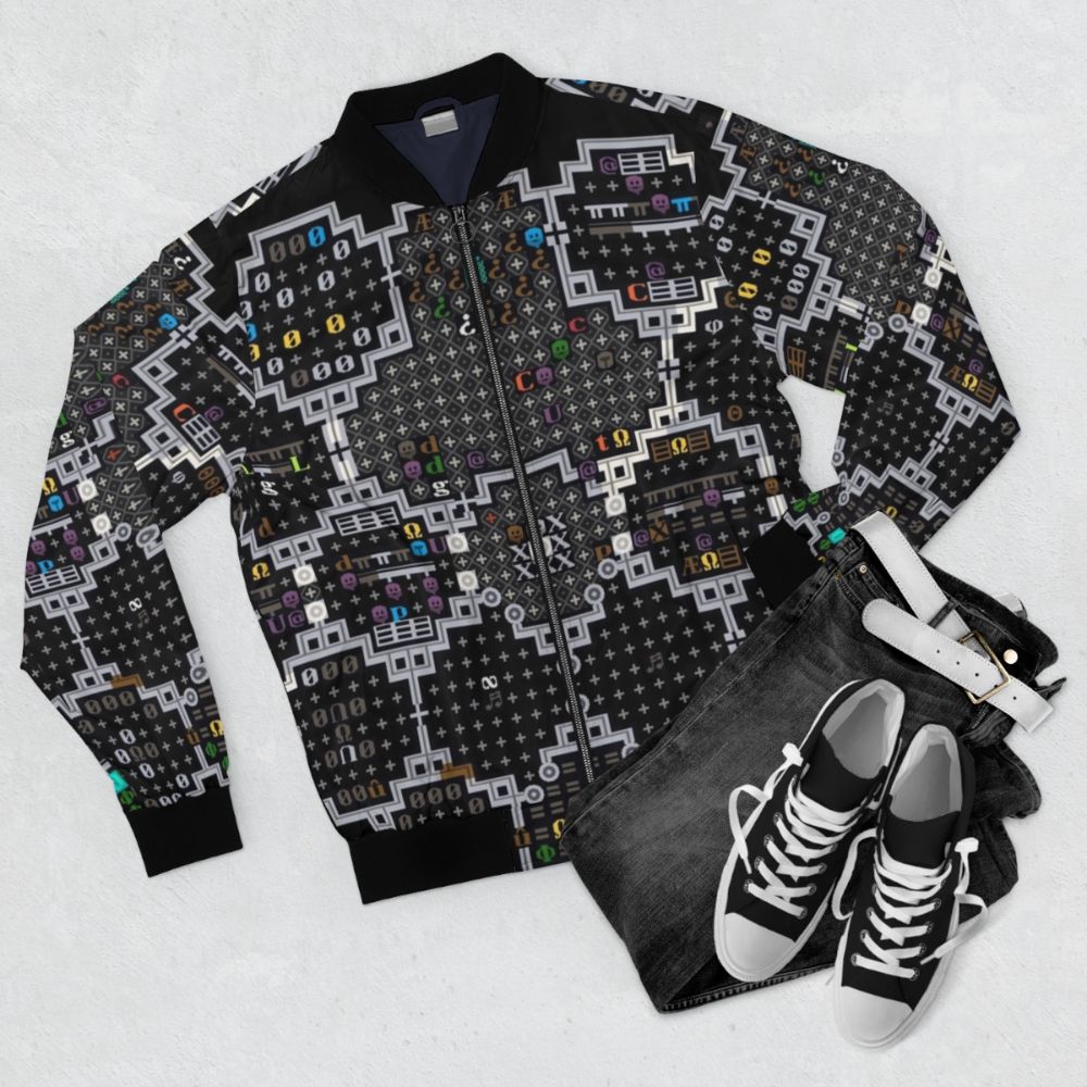 Dwarf Fortress inspired bomber jacket with pixel art tile set graphics - Flat lay