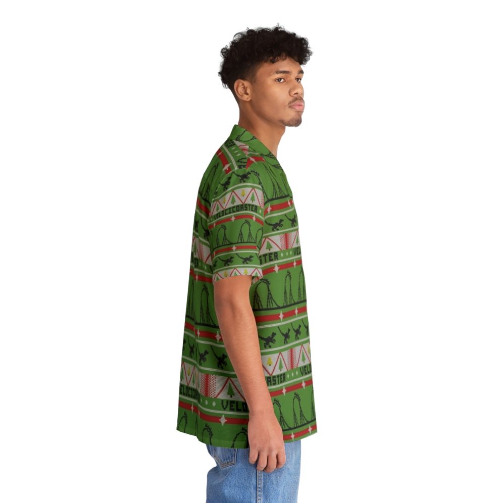 Velocicoaster Ugly Christmas Sweater Hawaiian Shirt featuring a dinosaur and tropical print design - People Pight