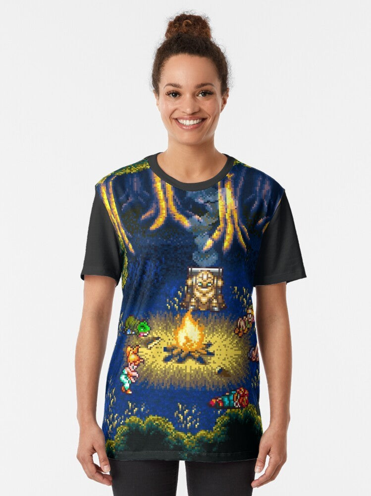 Chrono Trigger retro pixel art graphic t-shirt featuring a campfire scene with iconic characters from the classic SNES RPG game. - Women