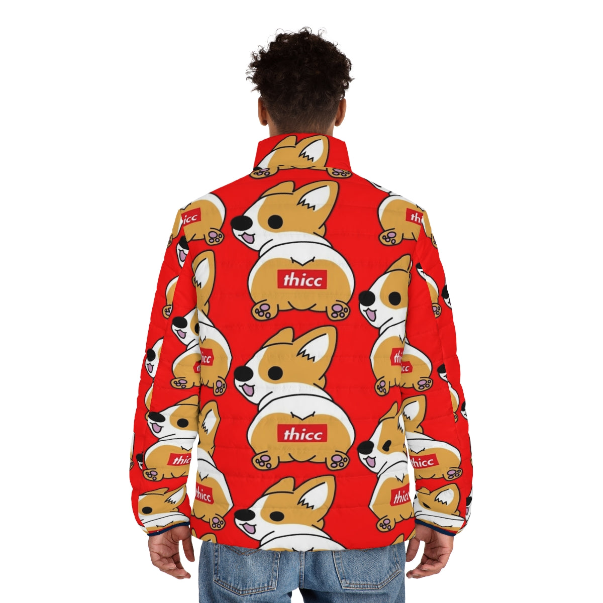 Cute cartoon corgi with a thicc butt wearing a colorful puffer jacket - men back