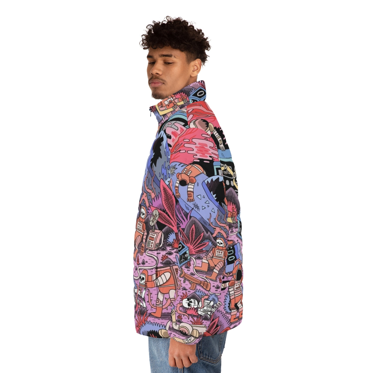 Chaos Puffer Jacket with detailed sci-fi and fantasy inspired design - men side left