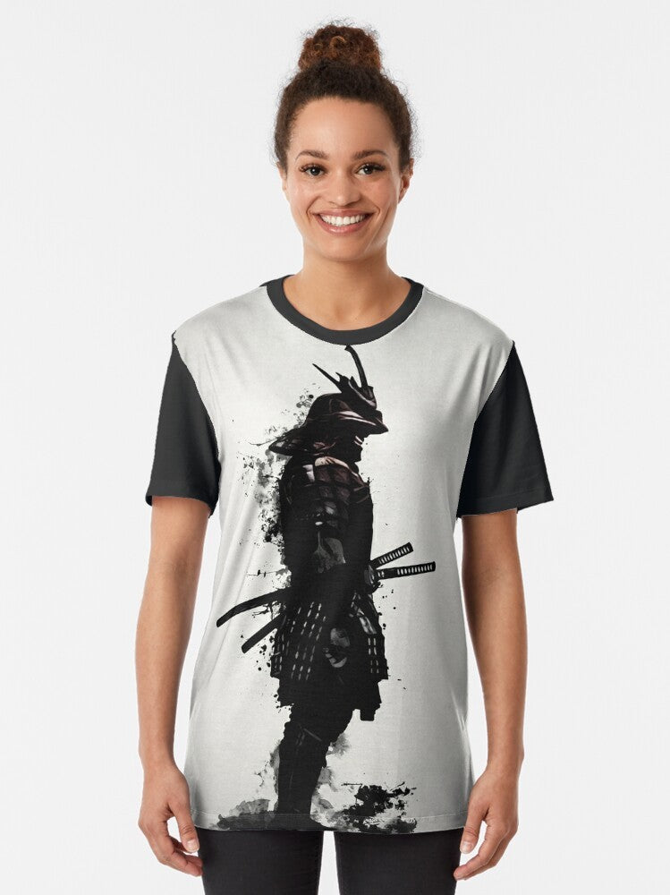 Armored samurai graphic tshirt featuring a warrior in traditional Japanese armor and a katana sword - Women