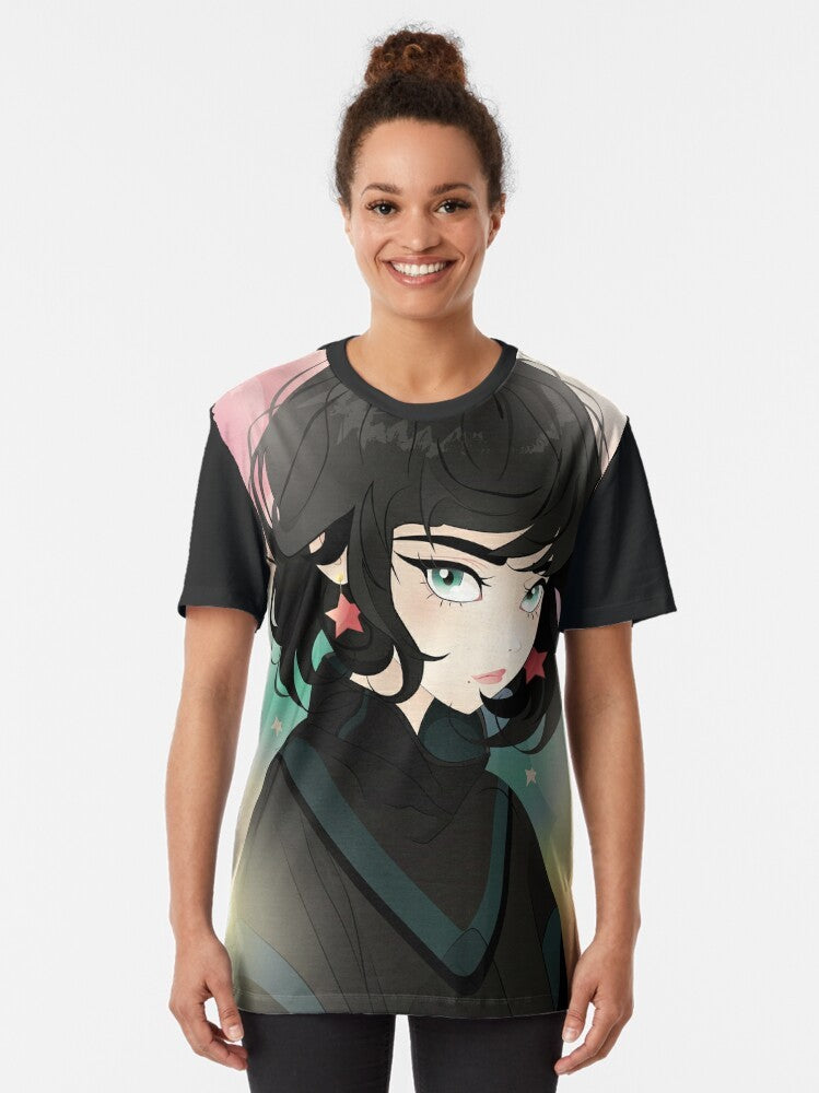 A fashionable star graphic t-shirt featuring a digital illustration of a Japanese woman with big eyes in an anime style. - Women