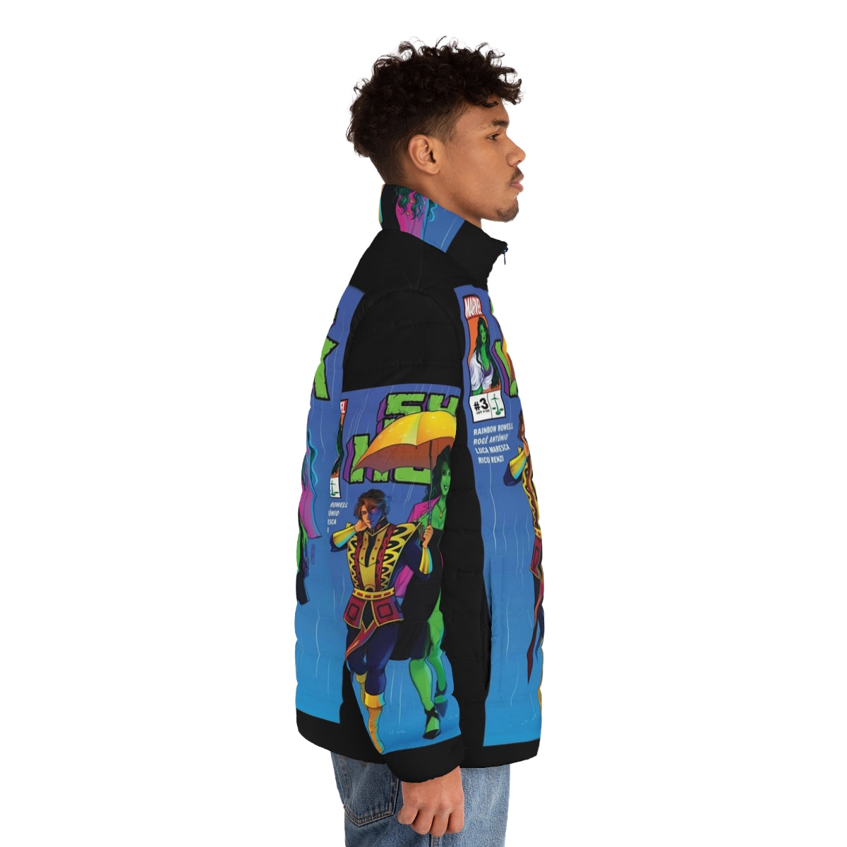 Green puffer jacket with superhero design - men side right