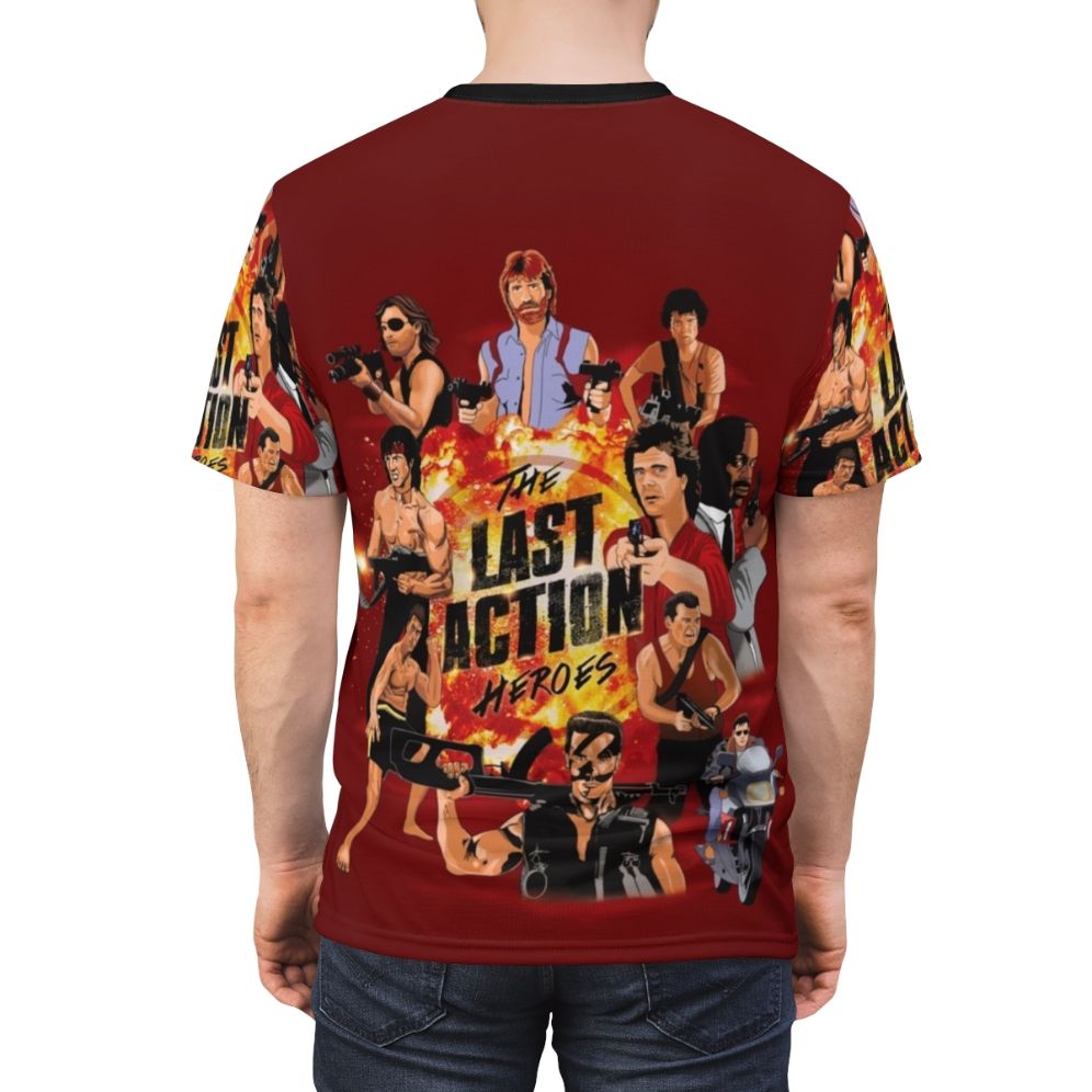 Vibrant t-shirt design featuring iconic 80s action movie stars in a retro, nostalgic style - men back