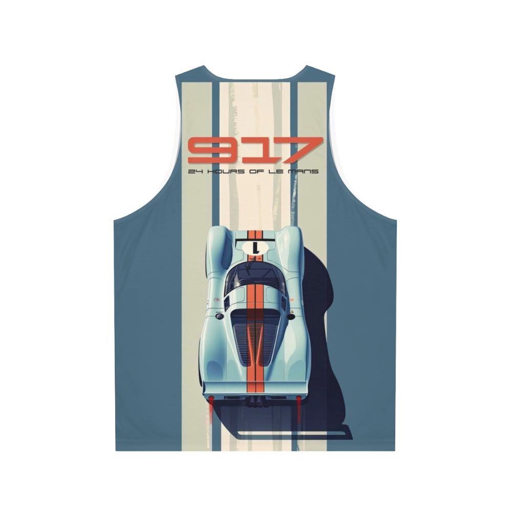 Porsche 917 race car in vintage Martini Racing livery on unisex tank top - Back