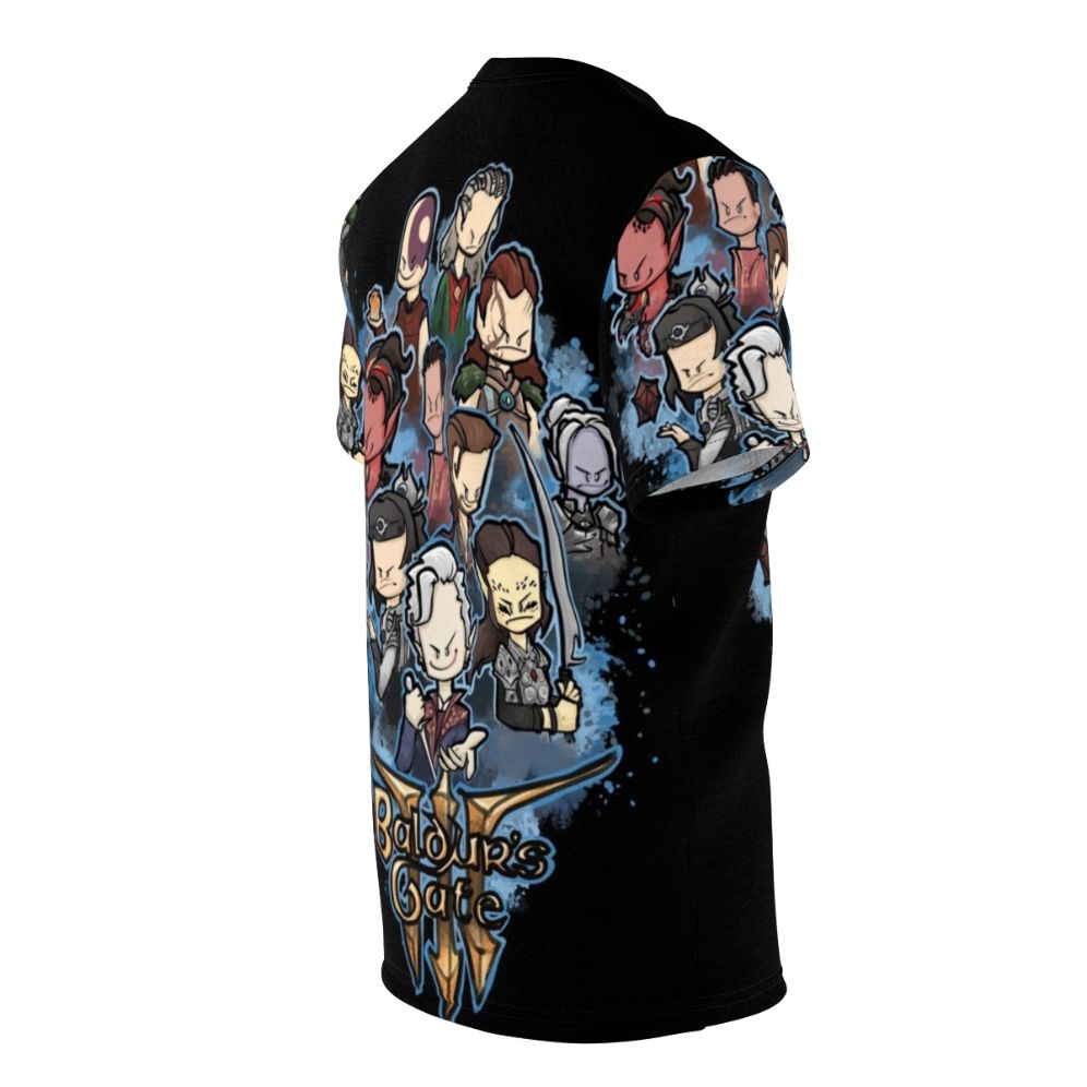 Adventuring Party AOP T-shirt featuring characters from the Baldur's Gate franchise - men right