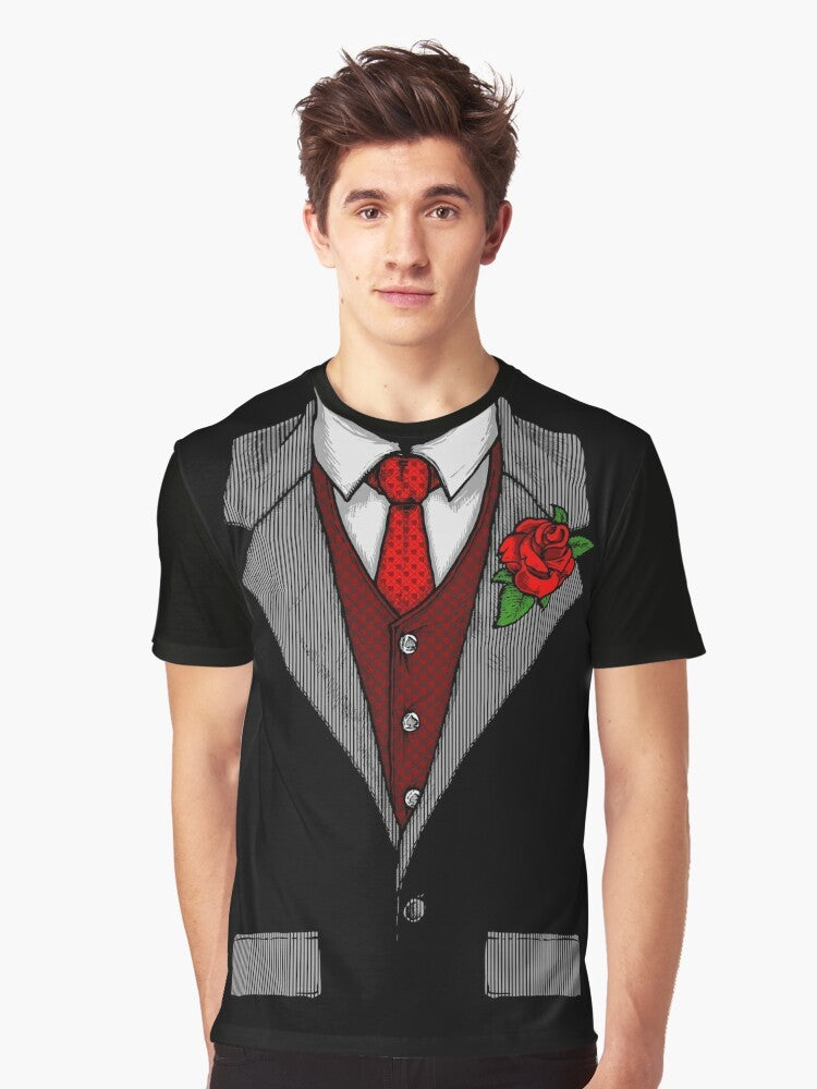 Funny graphic t-shirt design with a tuxedo costume, rose, and red tie for Halloween - Men