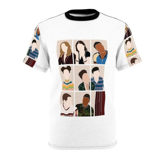 Sex Education Cast AOP T-Shirt featuring the show's characters and logo