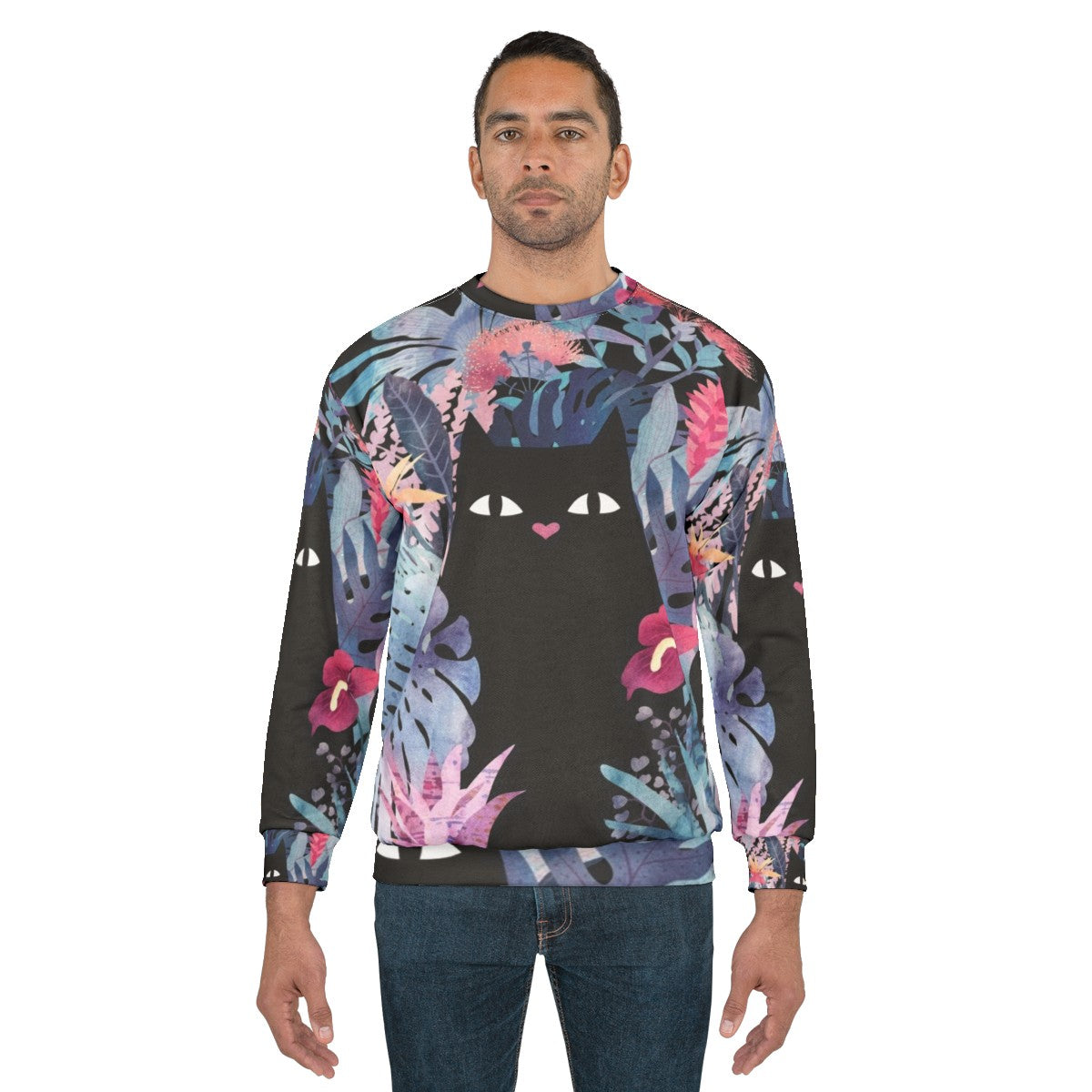 Pastel black velvet floral cat sweatshirt - men