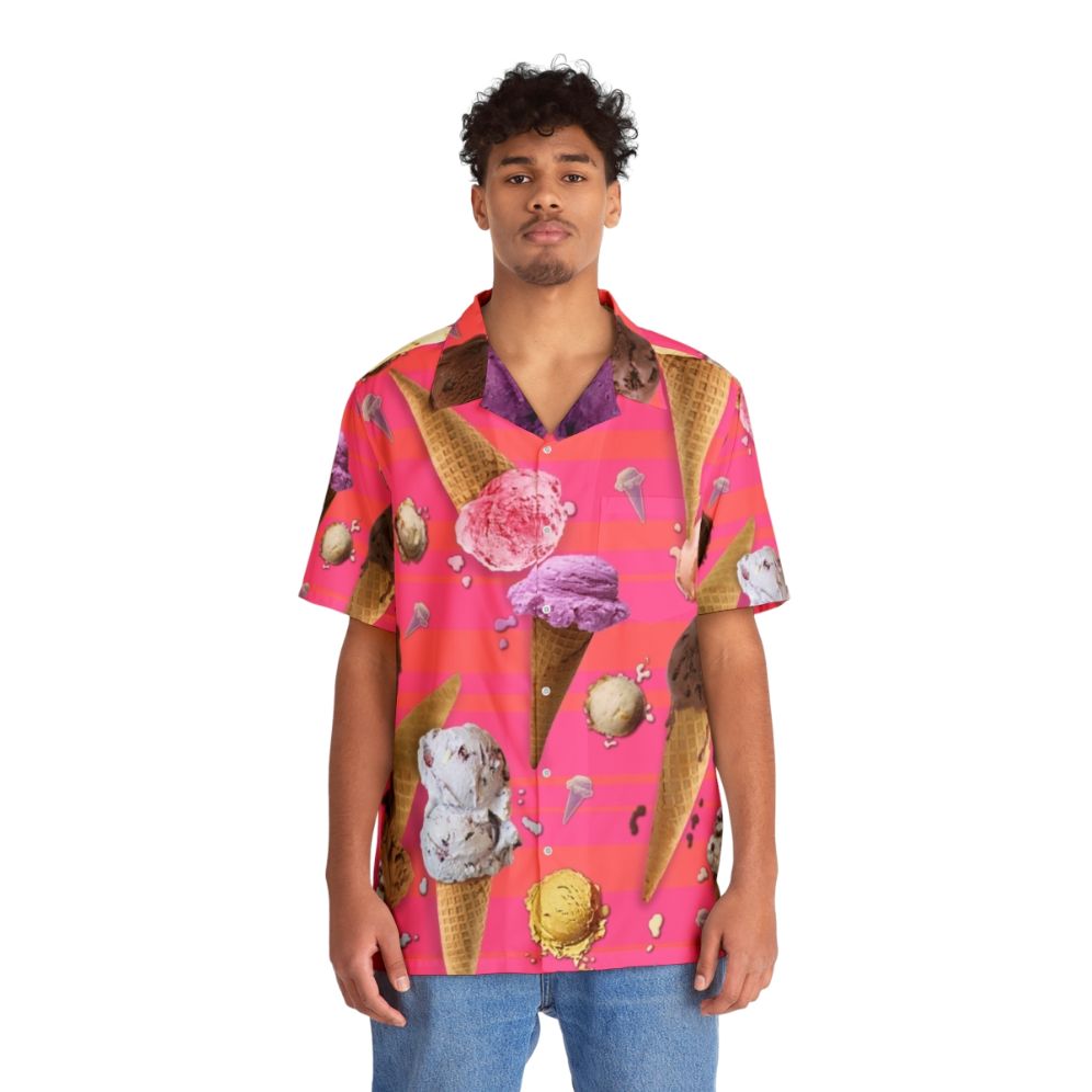 Colorful Hawaiian shirt featuring a repeating pattern of melting ice cream scoops and cones - People Front