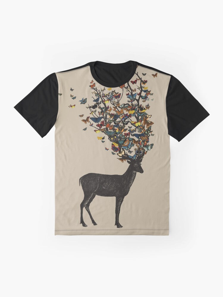 Wild nature graphic t-shirt with deer, butterflies, and colorful design - Flat lay