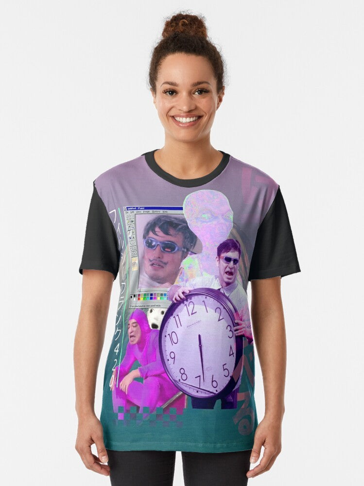 A stylish and vibrant t-shirt featuring the Filthy Frank character and 420 design elements in a vaporwave aesthetic. - Women