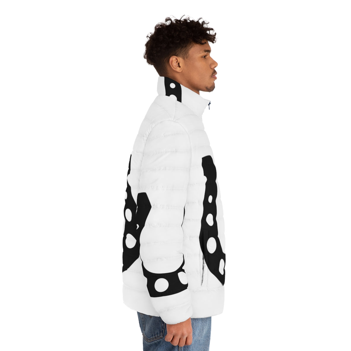 A person wearing a warm and stylish puffer jacket with a horseshoe design - men side right