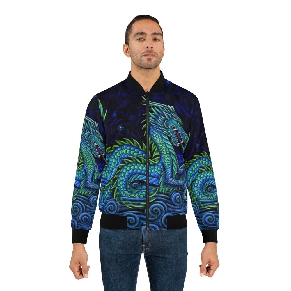 An image of a colorful bomber jacket featuring a vibrant, mythical azure dragon design. - Lifestyle