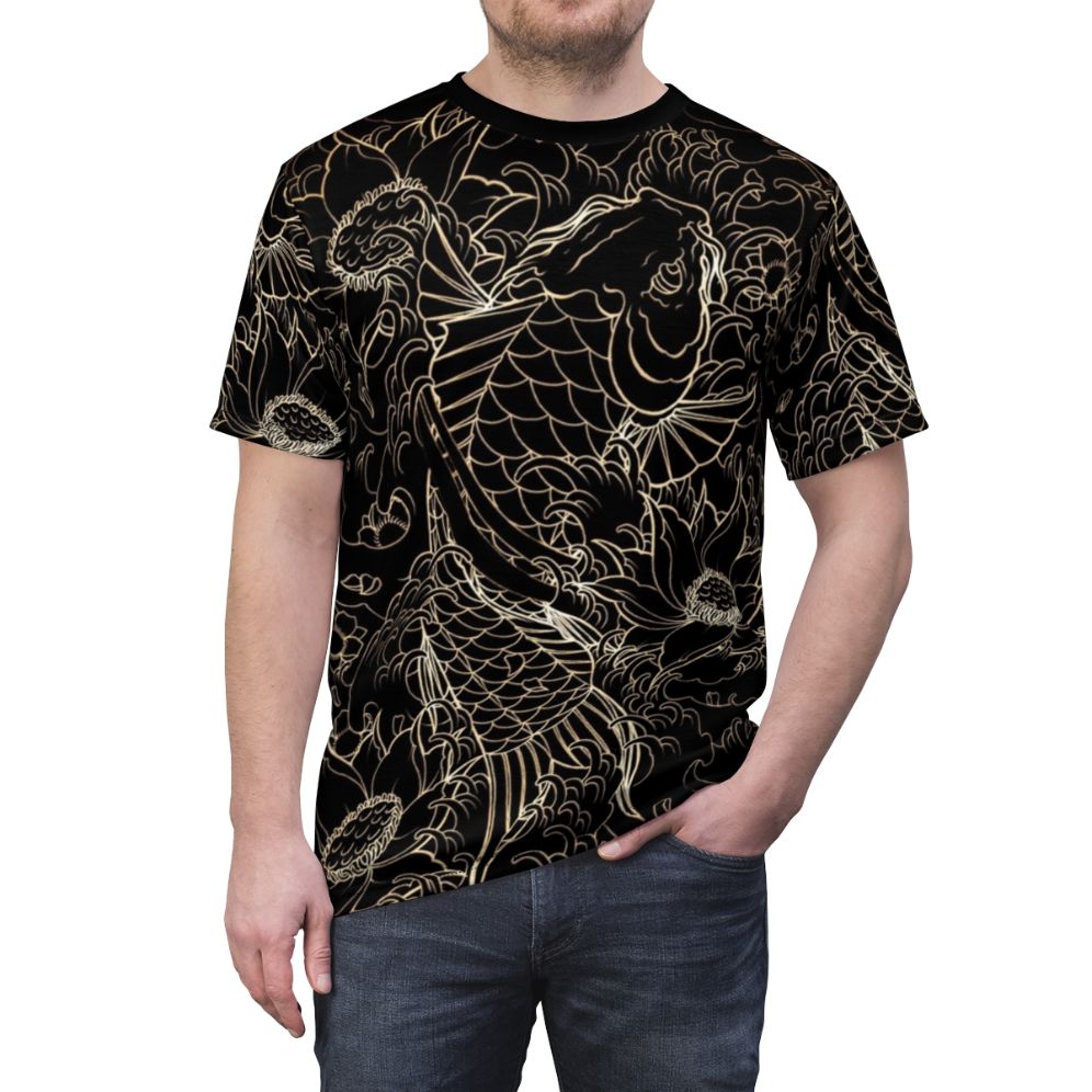 Vibrant koi fish and lotus flower graphic print on a high-quality t-shirt - men front