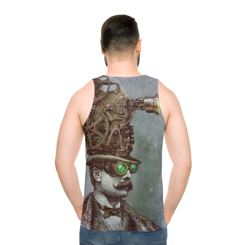 Steampunk unisex tank top with surreal mechanical design - men back